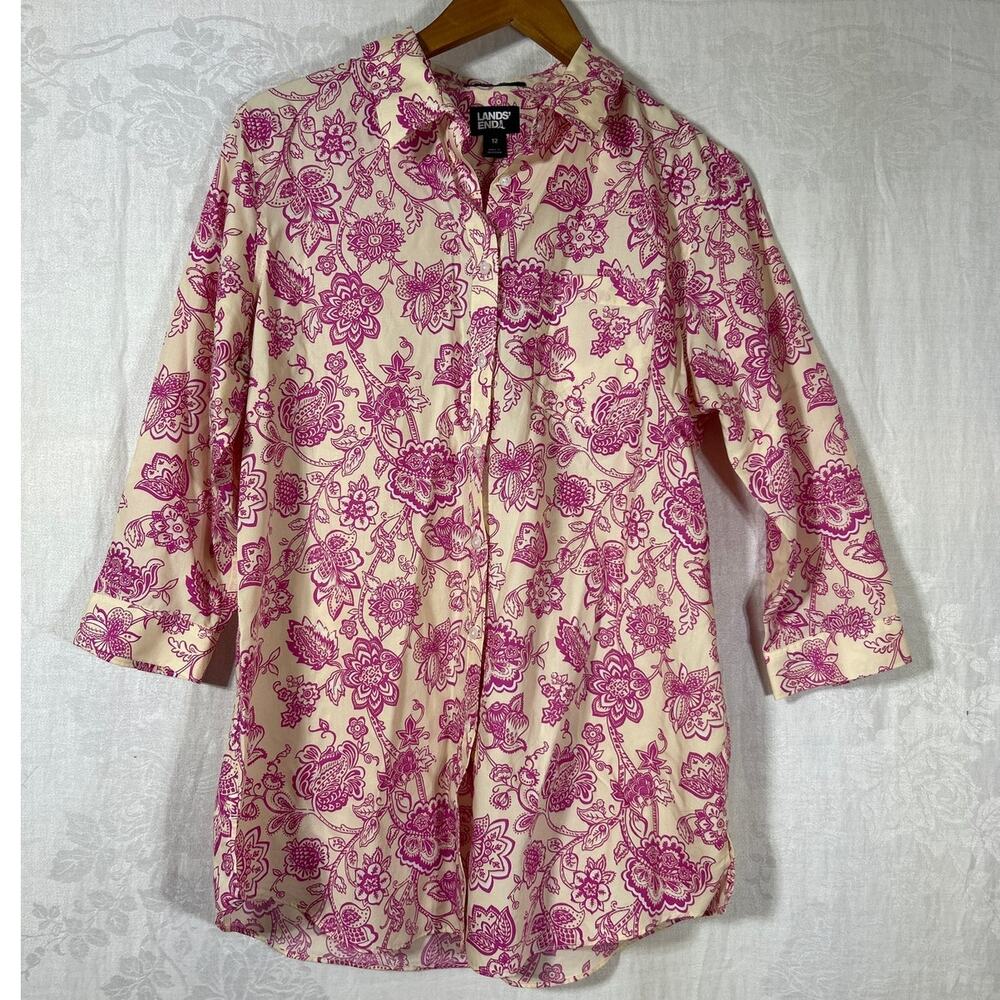 Lands End Button Up Tunic 12 Yellow Pink Floral No Iron Supima
